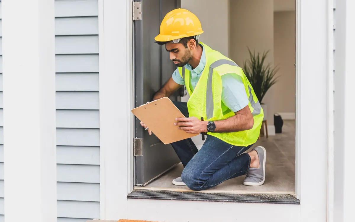 Inspector in a hard hat and safety vest taking notes on a clipboard at a home's front door