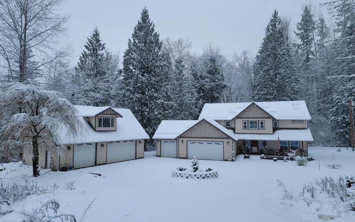 Snow-covered homes and evergreen trees after a heavy snowfall