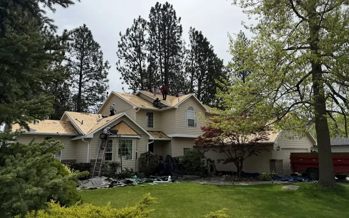 Two-story home among pine trees during a roof replacement, photographed by Lakeview Roofing