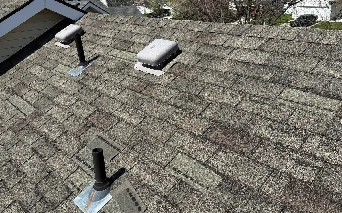 Asphalt shingle roof with exhaust vents and a pipe boot, photographed by Lakeview Roofing