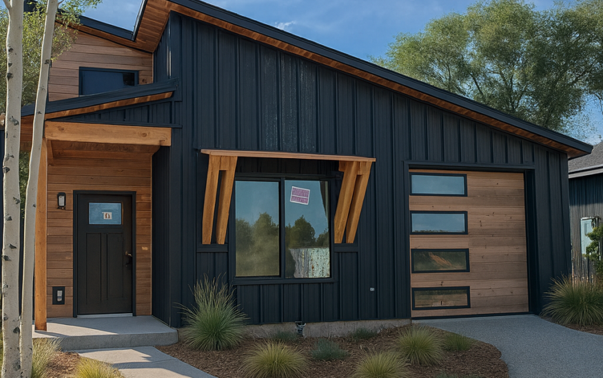 Modern single-story mountain-modern home featuring a dark metal shed-style roof, matching dark metal standing-seam siding, warm wood-plank accents around the entrance and garage door, and xeriscape landscaping