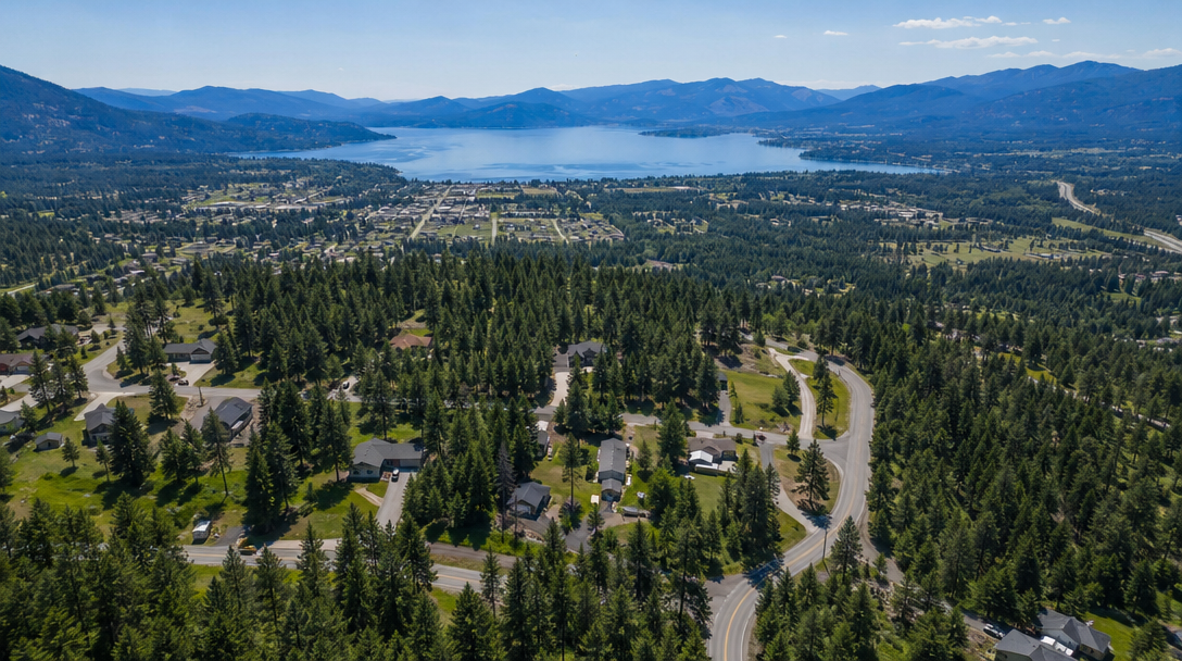 Aerial view of completed roofing project in North Idaho